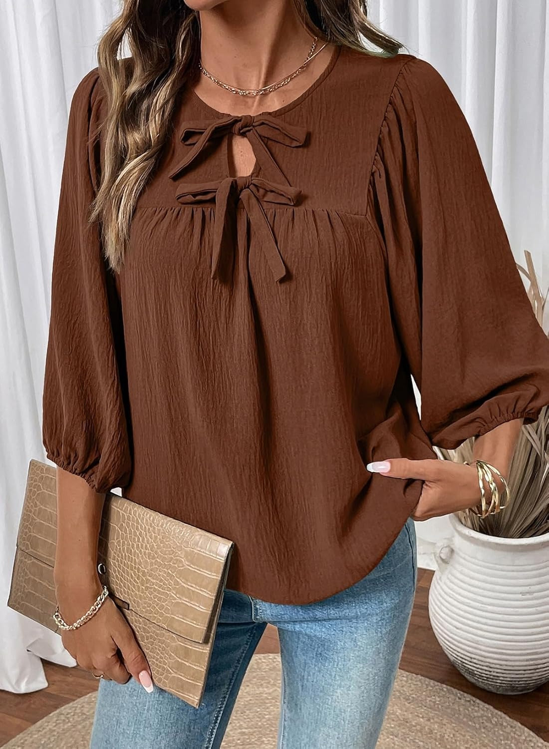 Womens 3/4 Sleeves Blouse Elegant Bow Tie Loose Shirts