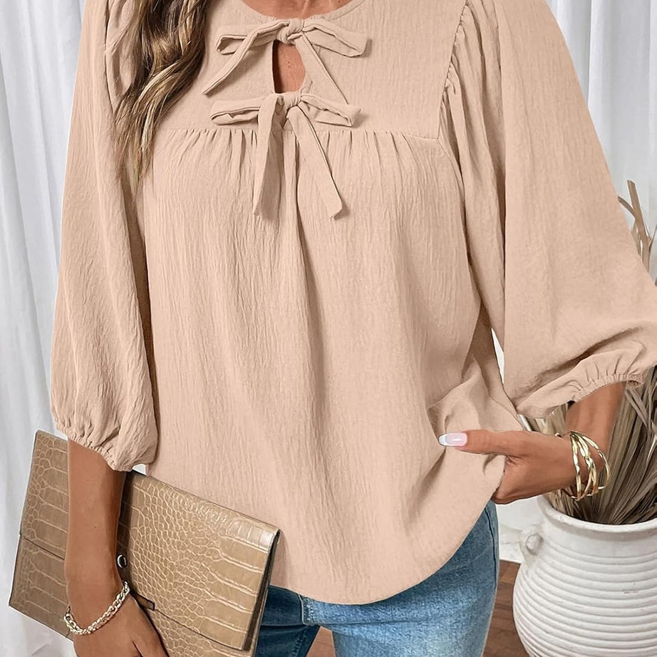Womens 3/4 Sleeves Blouse Elegant Bow Tie Loose Shirts