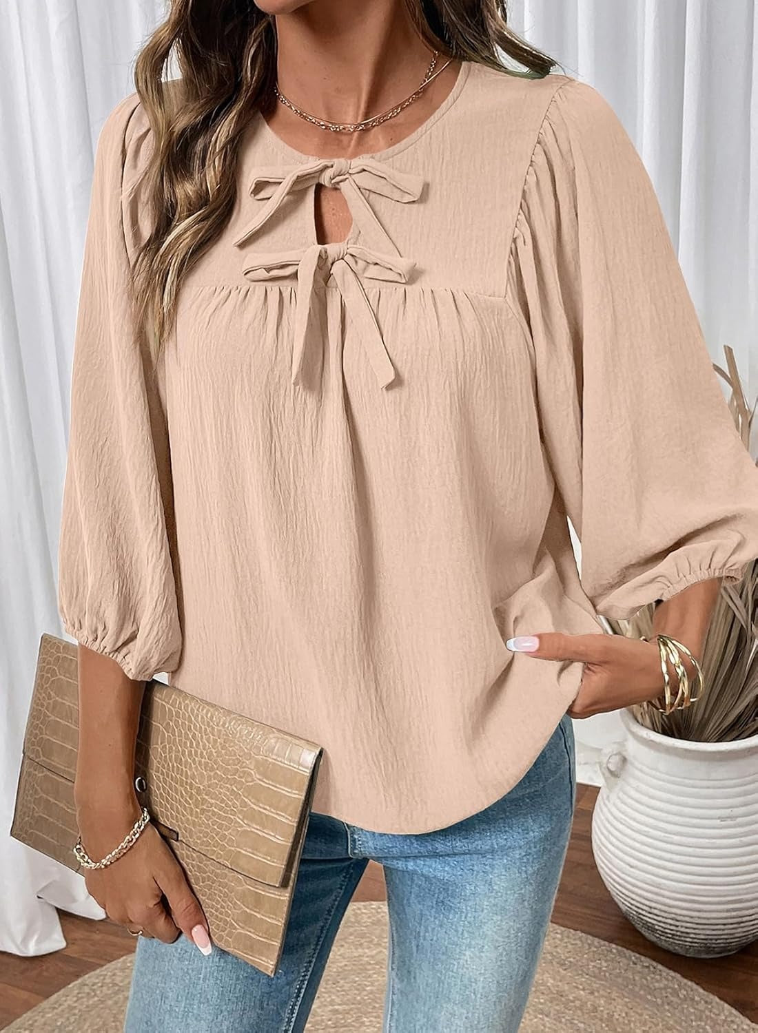 Womens 3/4 Sleeves Blouse Elegant Bow Tie Loose Shirts