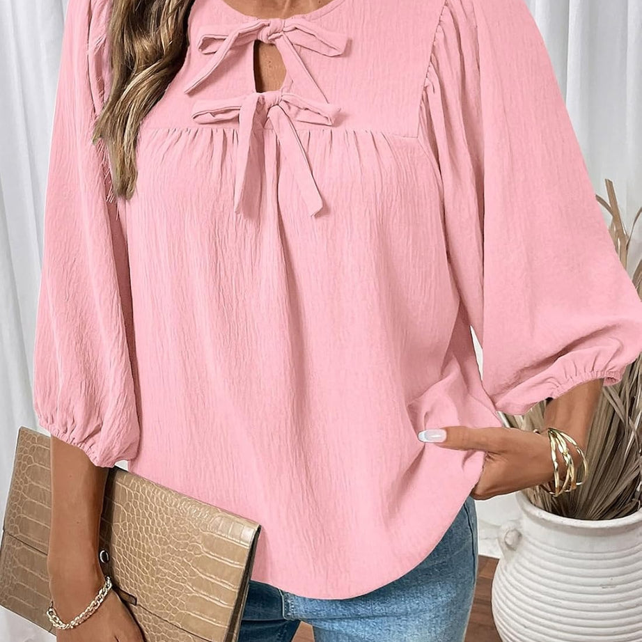 Womens 3/4 Sleeves Blouse Elegant Bow Tie Loose Shirts