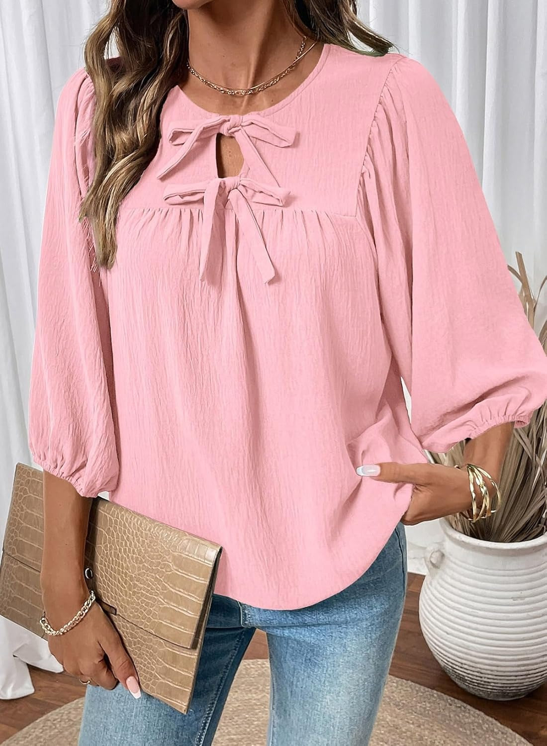 Womens 3/4 Sleeves Blouse Elegant Bow Tie Loose Shirts