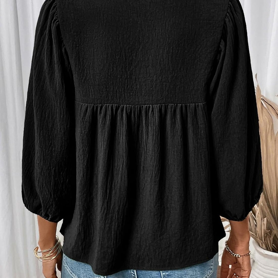 Womens 3/4 Sleeves Blouse Elegant Bow Tie Loose Shirts