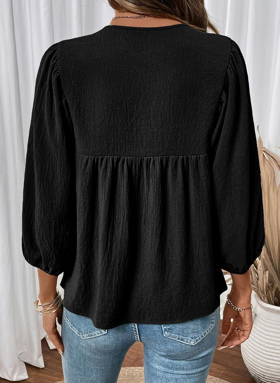 Womens 3/4 Sleeves Blouse Elegant Bow Tie Loose Shirts