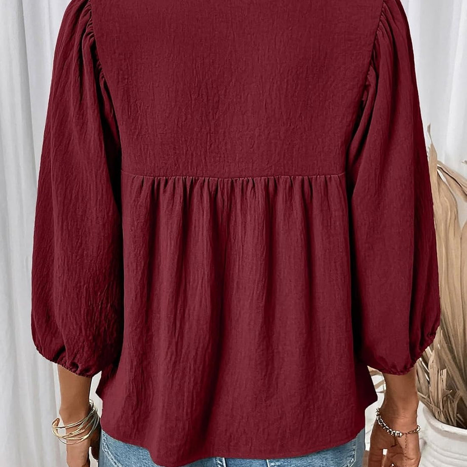 Womens 3/4 Sleeves Blouse Elegant Bow Tie Loose Shirts