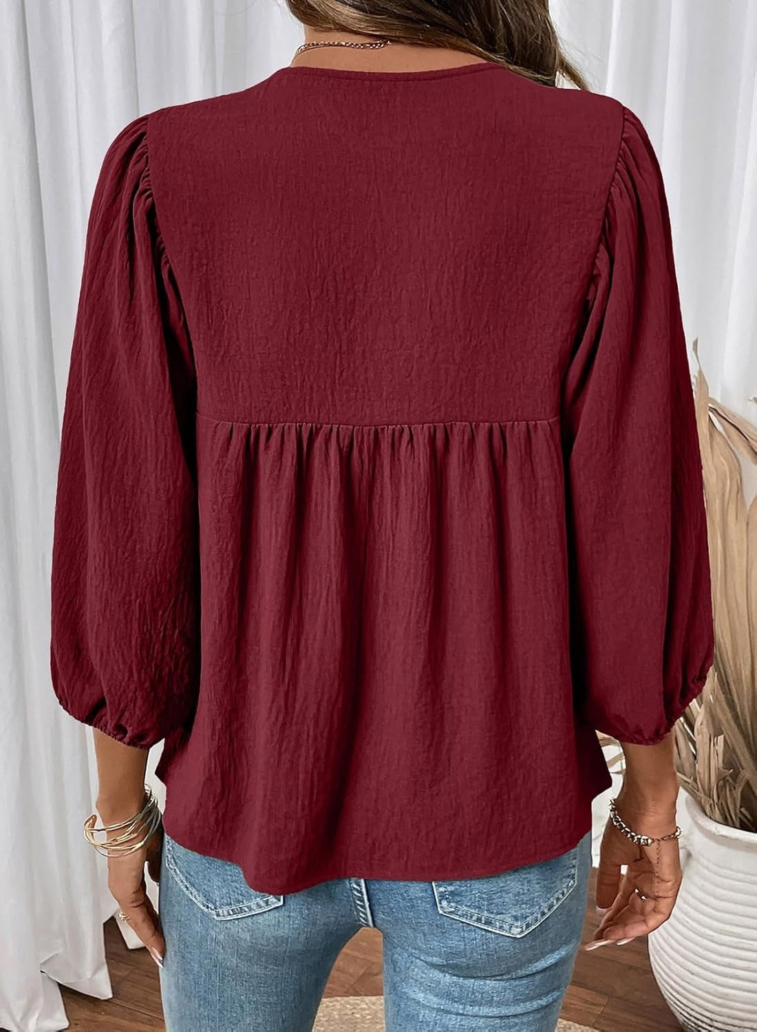 Womens 3/4 Sleeves Blouse Elegant Bow Tie Loose Shirts