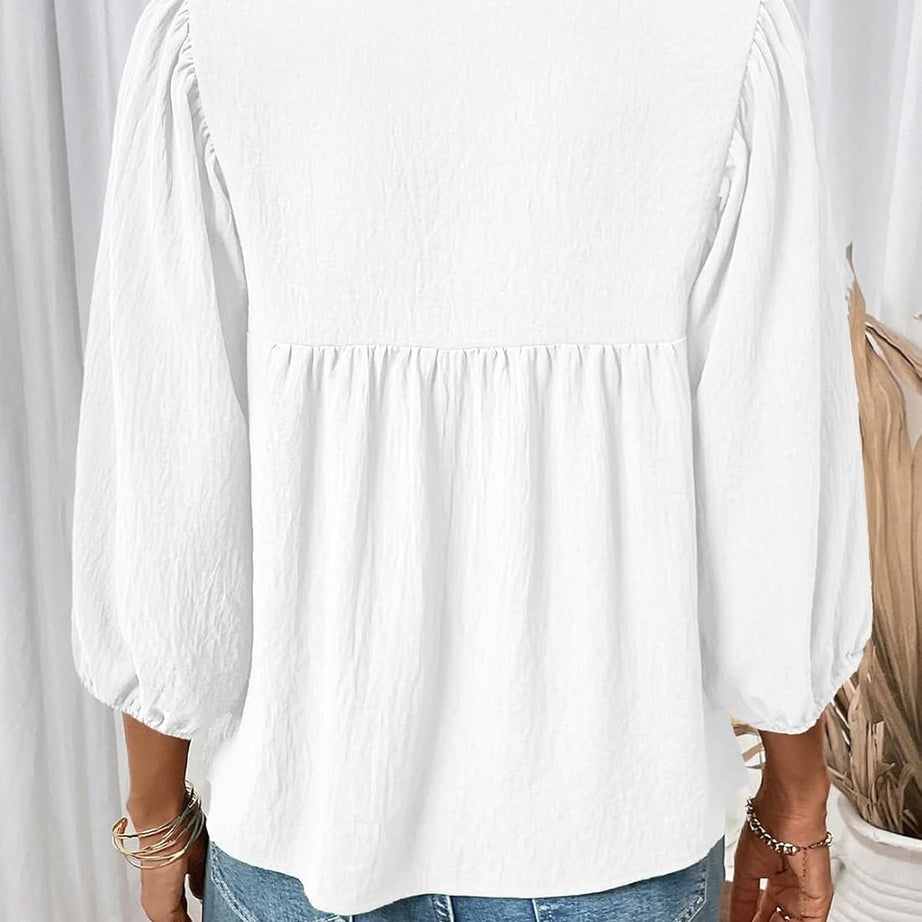Womens 3/4 Sleeves Blouse Elegant Bow Tie Loose Shirts