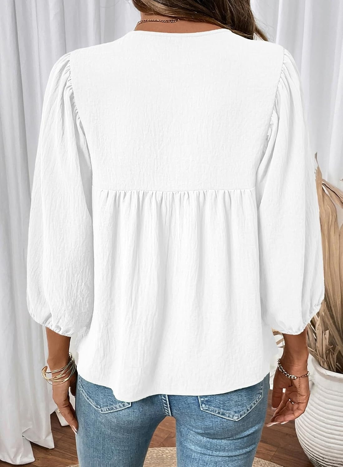 Womens 3/4 Sleeves Blouse Elegant Bow Tie Loose Shirts