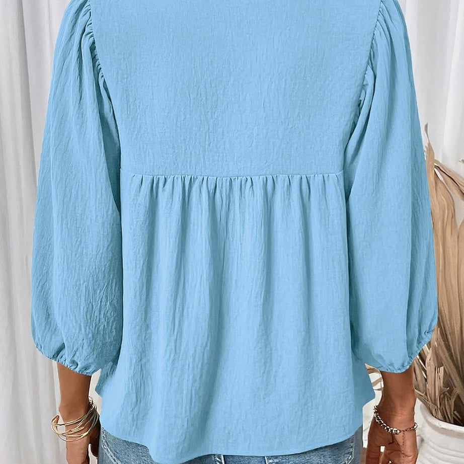 Womens 3/4 Sleeves Blouse Elegant Bow Tie Loose Shirts