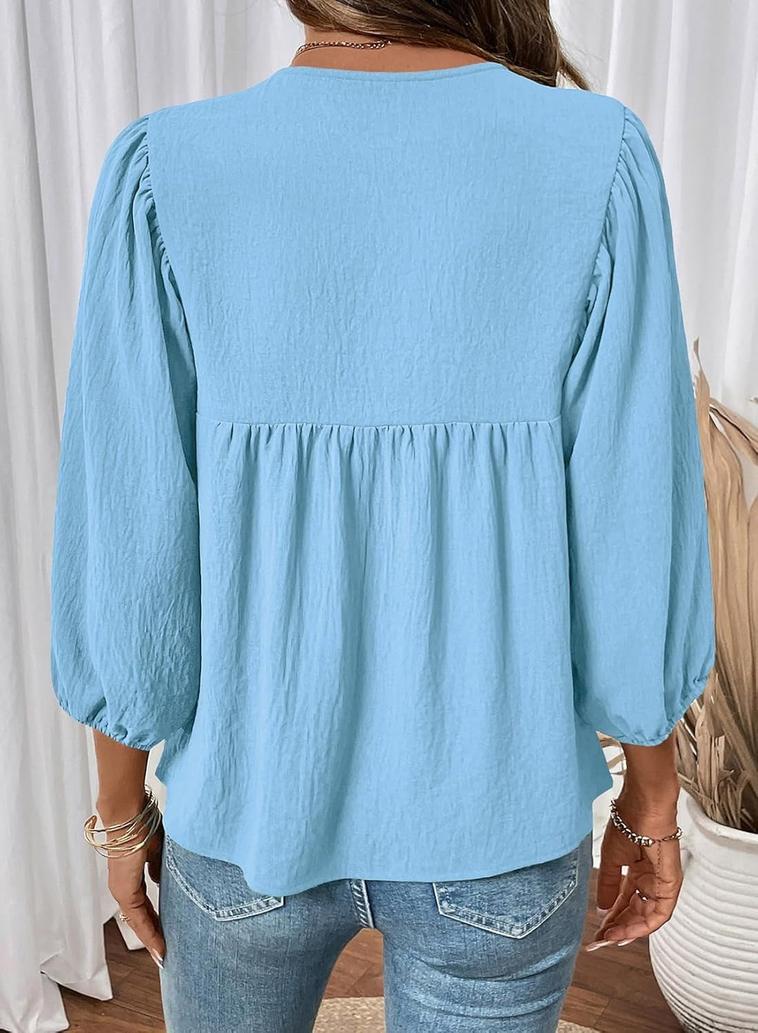 Womens 3/4 Sleeves Blouse Elegant Bow Tie Loose Shirts