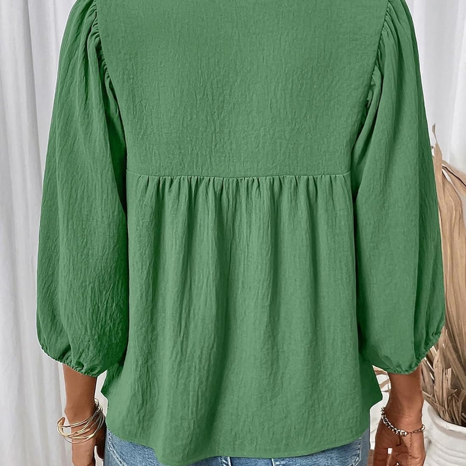 Womens 3/4 Sleeves Blouse Elegant Bow Tie Loose Shirts