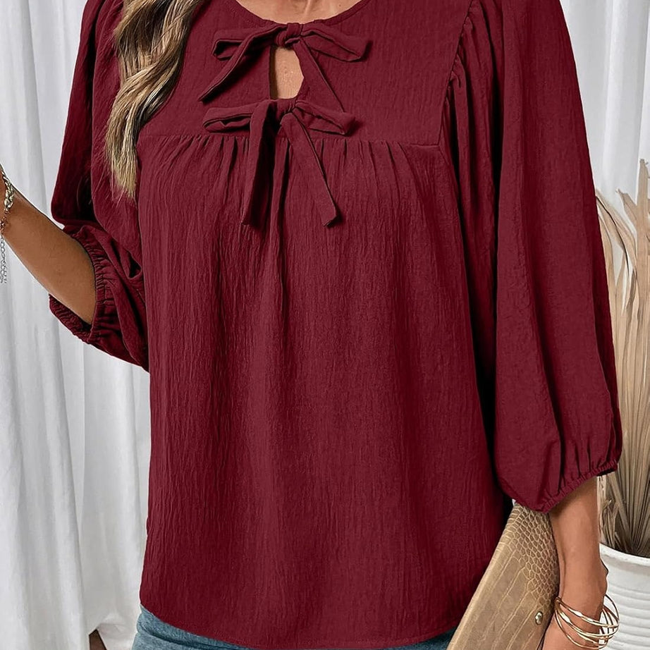 Womens 3/4 Sleeves Blouse Elegant Bow Tie Loose Shirts