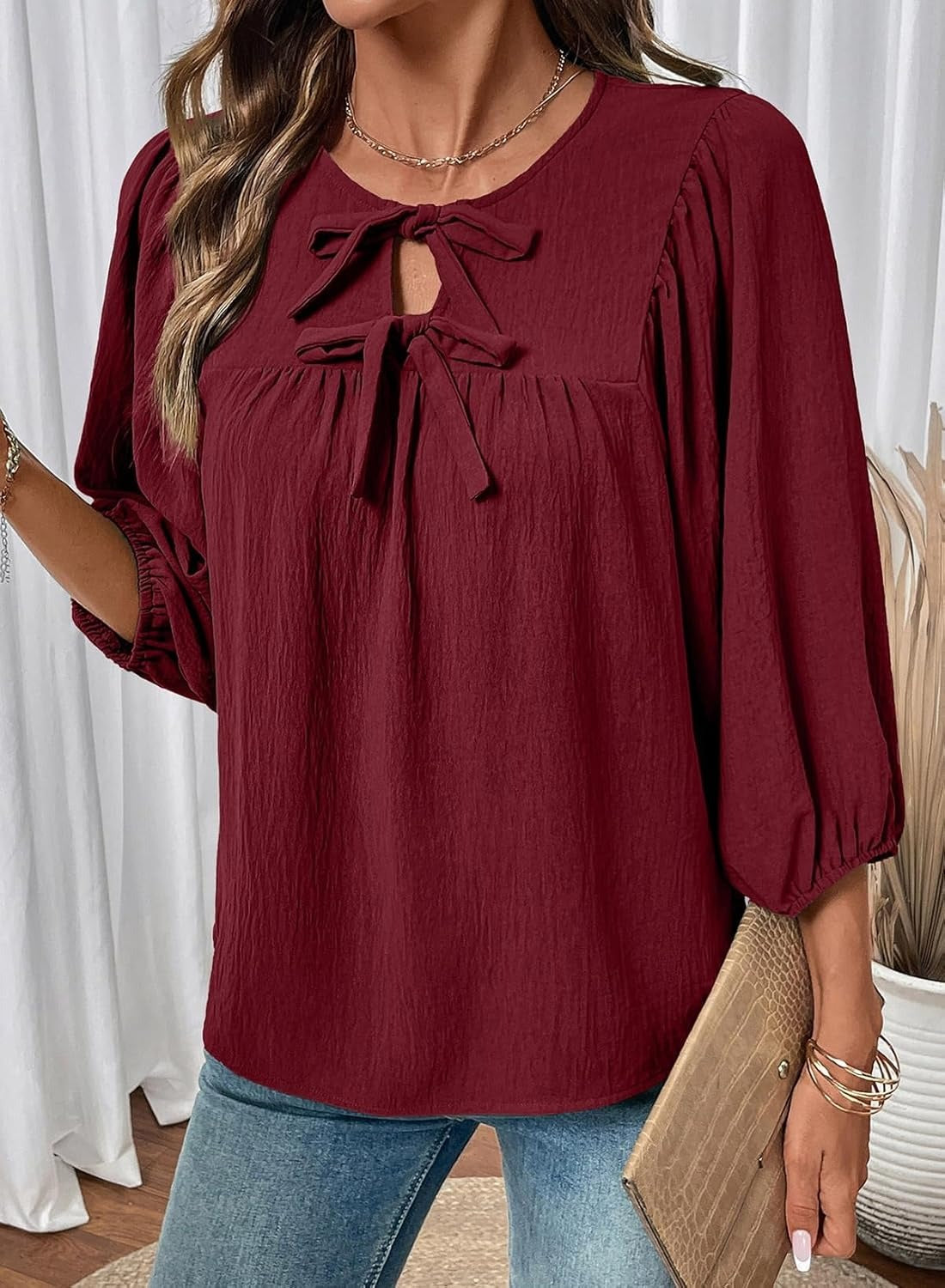 Womens 3/4 Sleeves Blouse Elegant Bow Tie Loose Shirts
