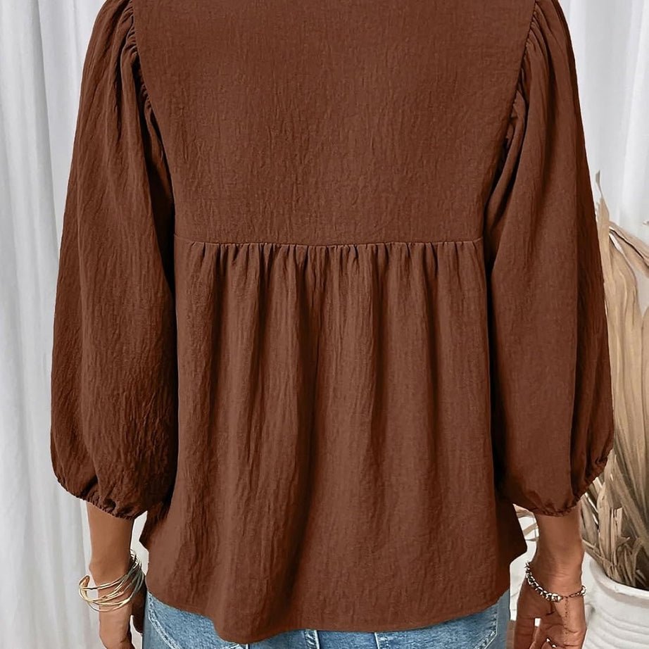 Womens 3/4 Sleeves Blouse Elegant Bow Tie Loose Shirts