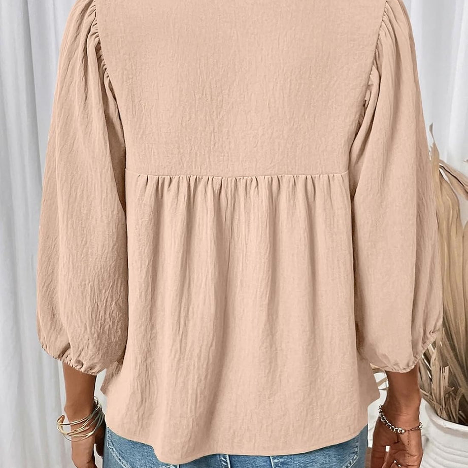 Womens 3/4 Sleeves Blouse Elegant Bow Tie Loose Shirts