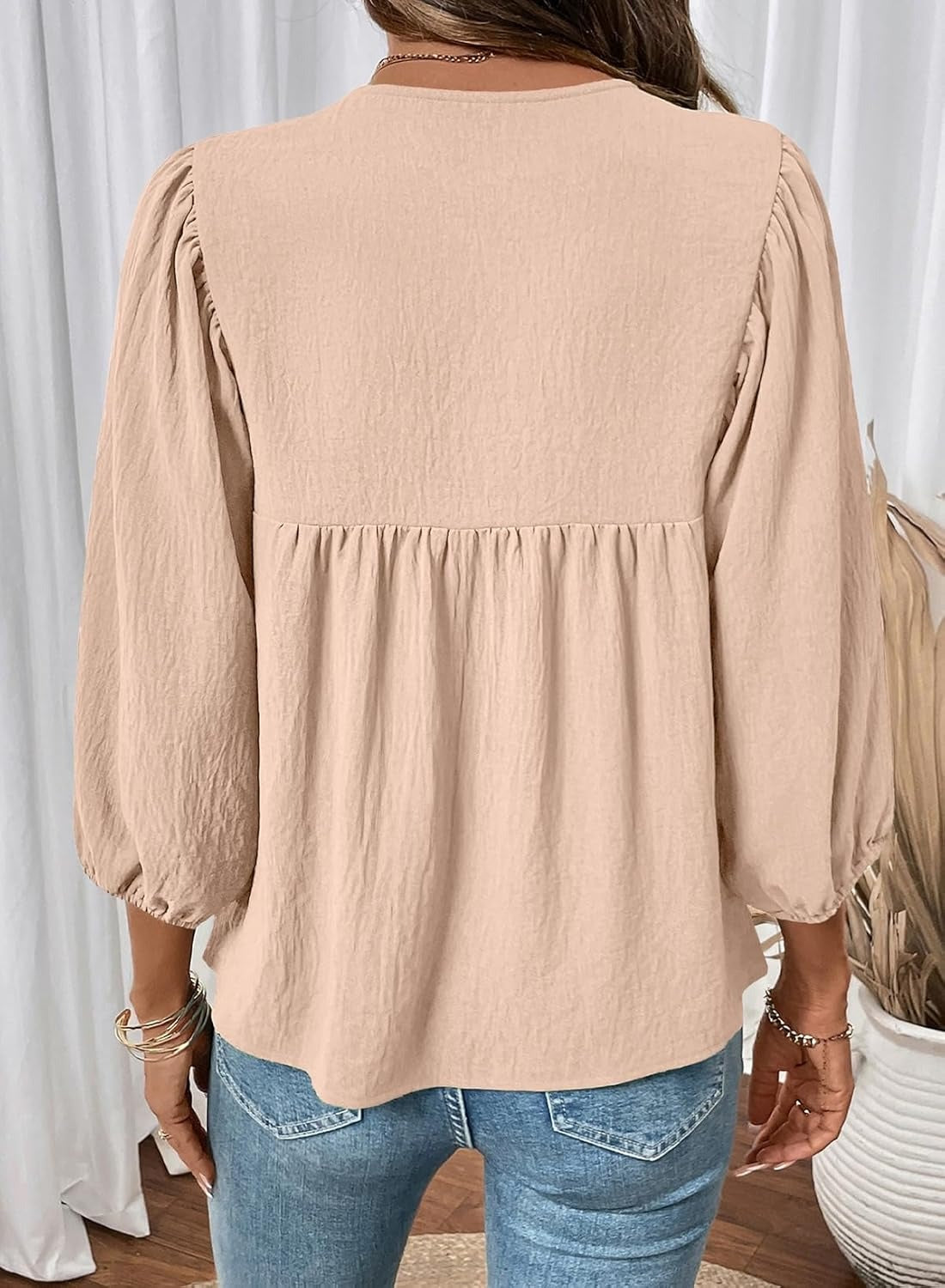 Womens 3/4 Sleeves Blouse Elegant Bow Tie Loose Shirts