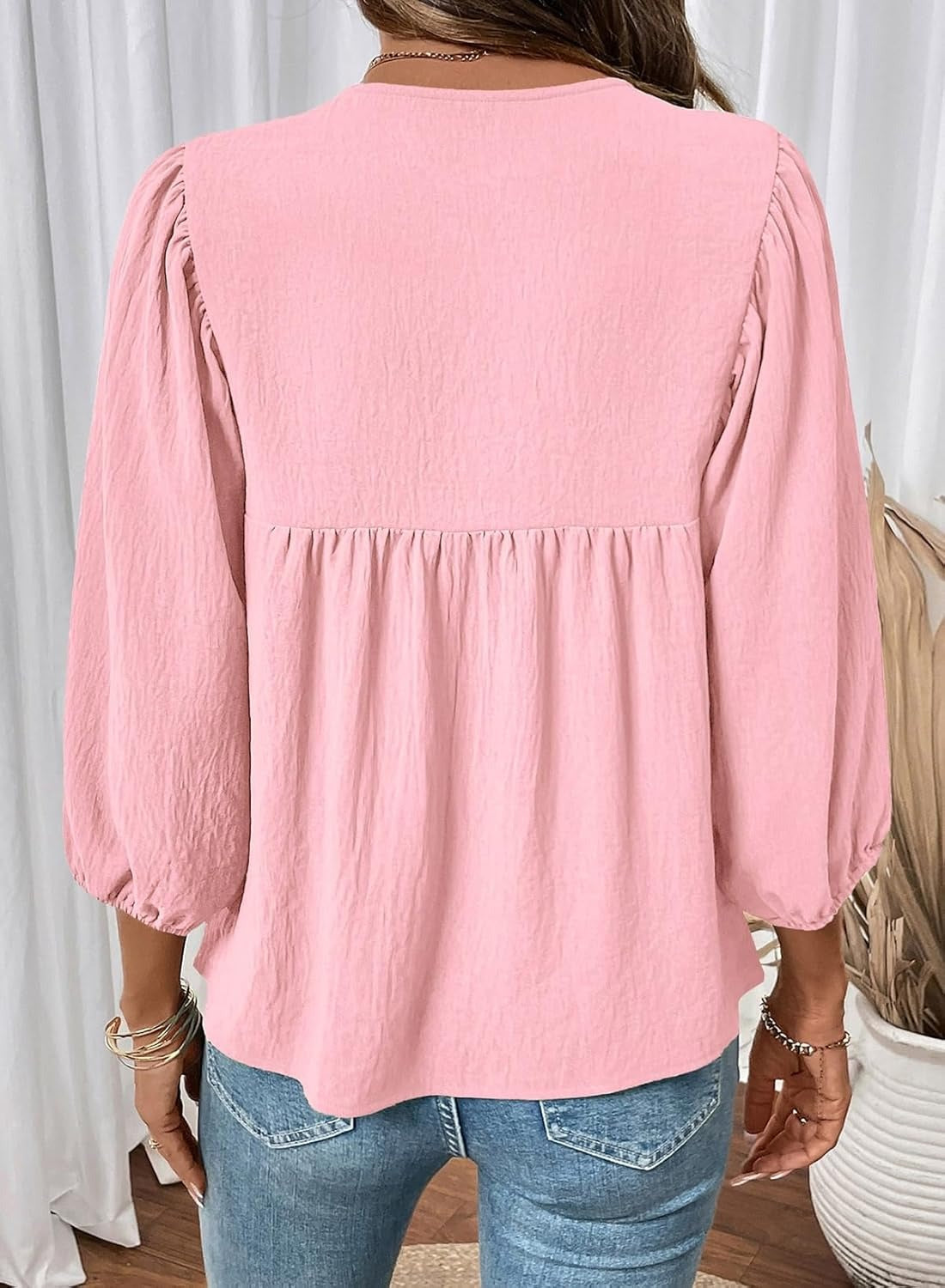 Womens 3/4 Sleeves Blouse Elegant Bow Tie Loose Shirts