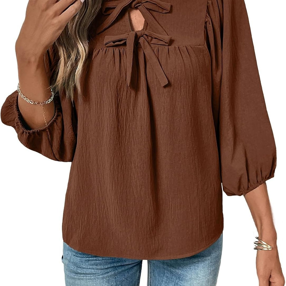 Womens 3/4 Sleeves Blouse Elegant Bow Tie Loose Shirts
