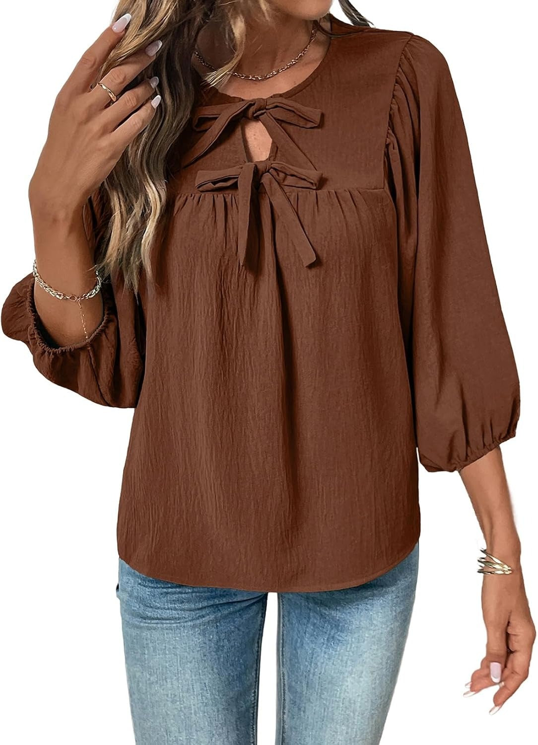 Womens 3/4 Sleeves Blouse Elegant Bow Tie Loose Shirts