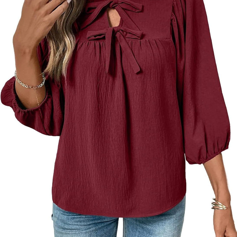 Womens 3/4 Sleeves Blouse Elegant Bow Tie Loose Shirts