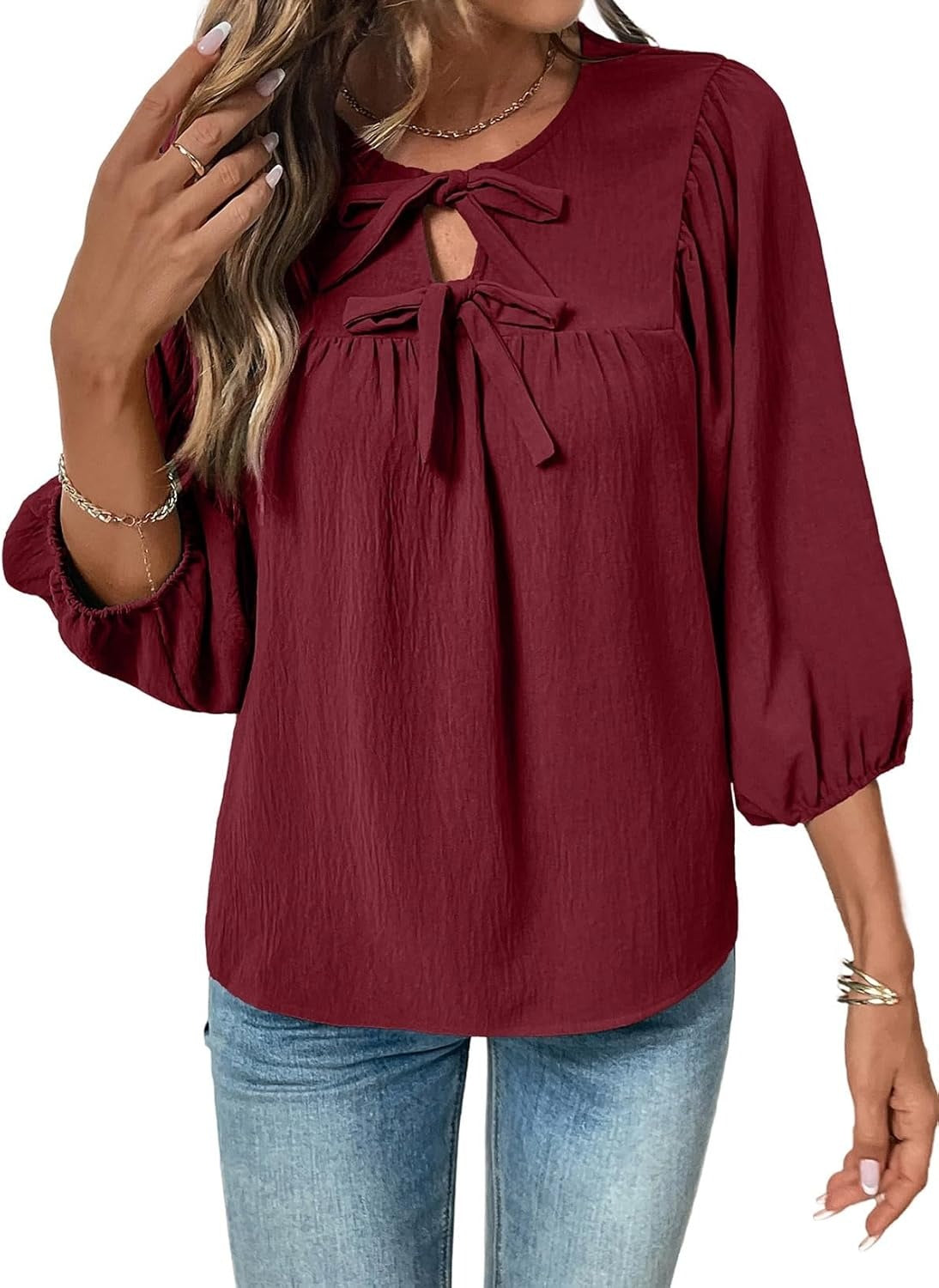 Womens 3/4 Sleeves Blouse Elegant Bow Tie Loose Shirts