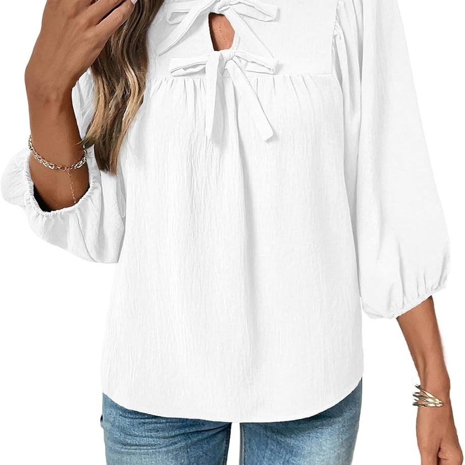 Womens 3/4 Sleeves Blouse Elegant Bow Tie Loose Shirts