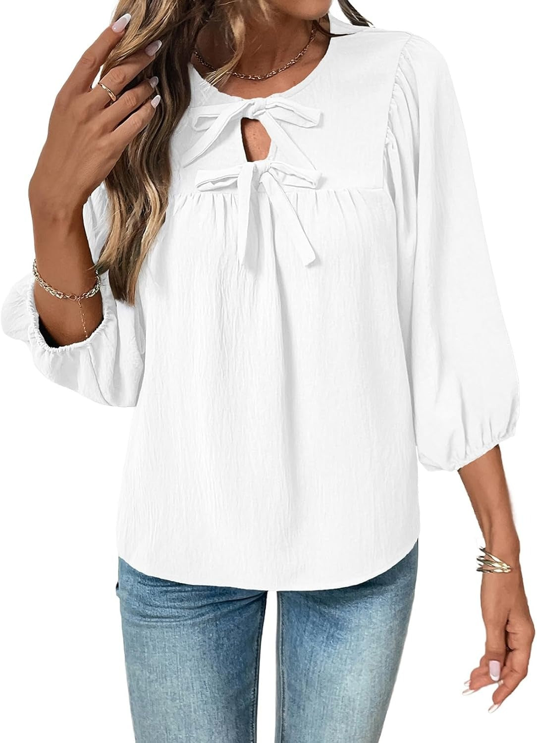 Womens 3/4 Sleeves Blouse Elegant Bow Tie Loose Shirts