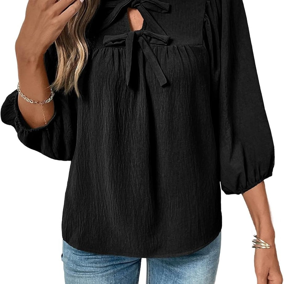 Womens 3/4 Sleeves Blouse Elegant Bow Tie Loose Shirts