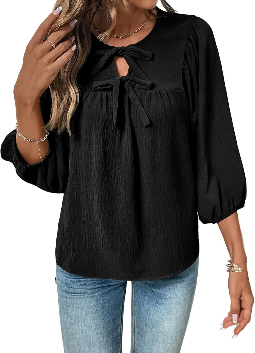 Womens 3/4 Sleeves Blouse Elegant Bow Tie Loose Shirts