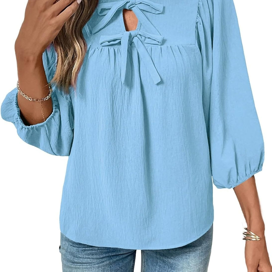 Womens 3/4 Sleeves Blouse Elegant Bow Tie Loose Shirts