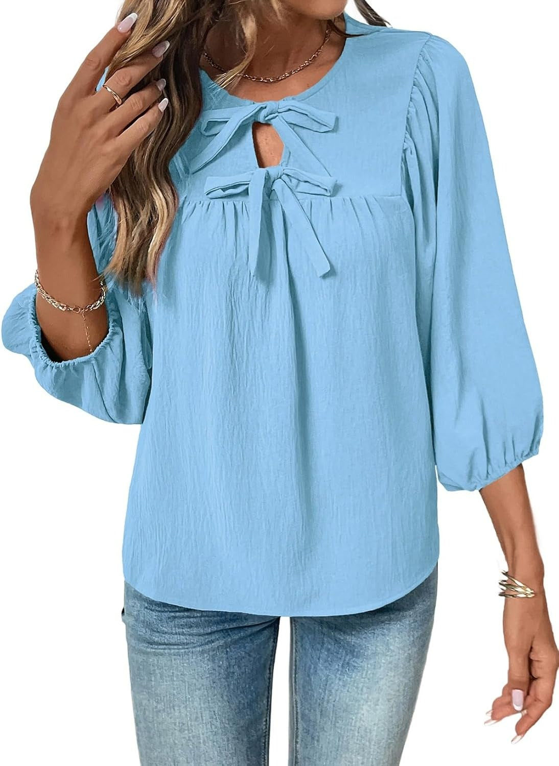 Womens 3/4 Sleeves Blouse Elegant Bow Tie Loose Shirts