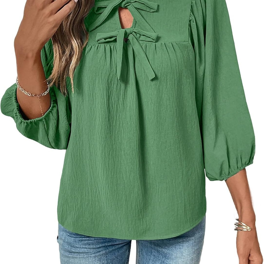 Womens 3/4 Sleeves Blouse Elegant Bow Tie Loose Shirts