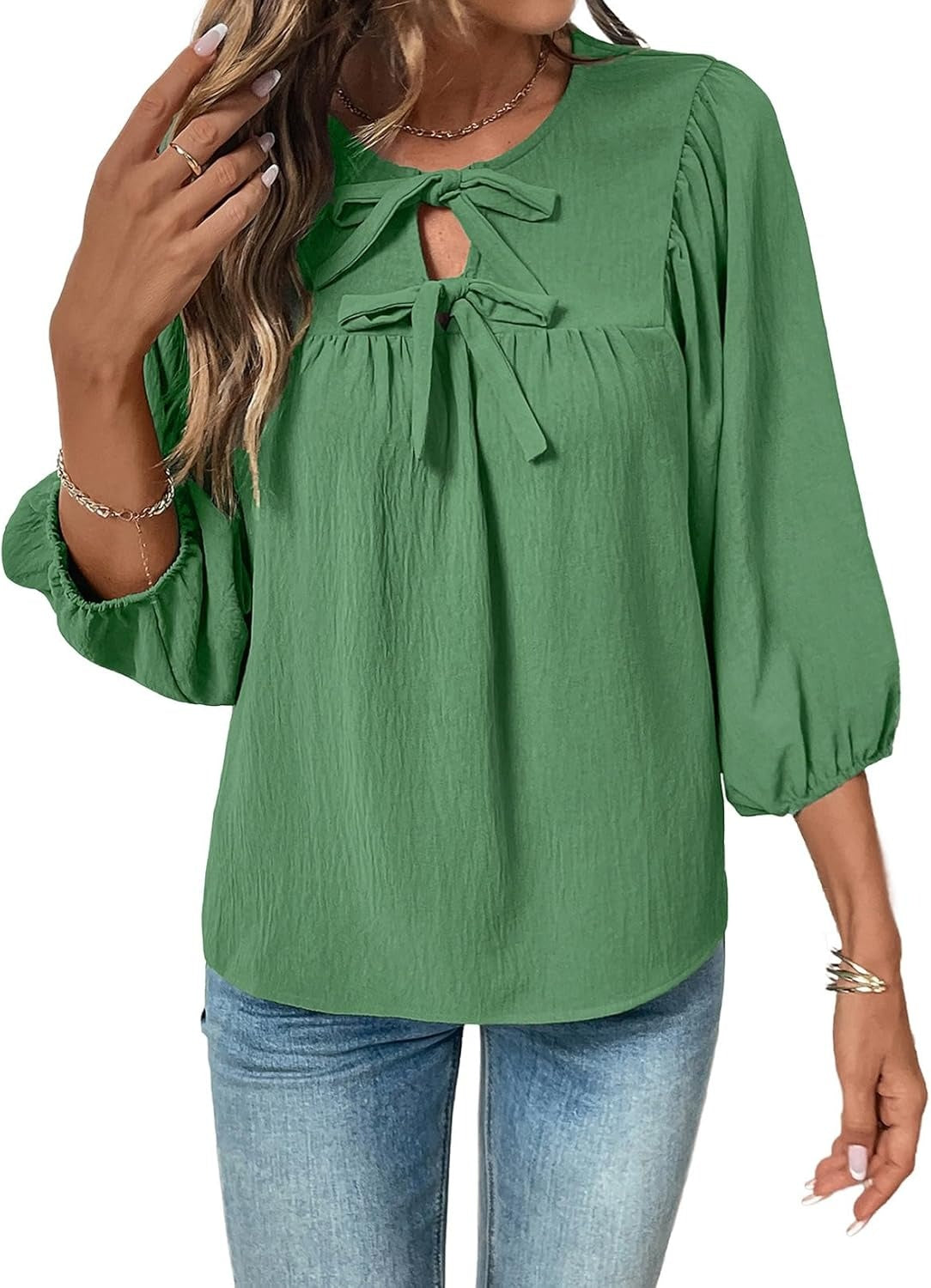 Womens 3/4 Sleeves Blouse Elegant Bow Tie Loose Shirts