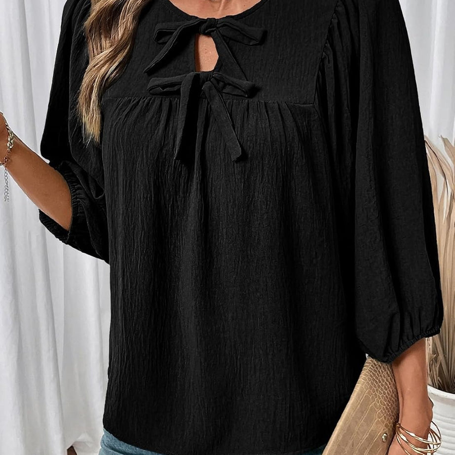 Womens 3/4 Sleeves Blouse Elegant Bow Tie Loose Shirts