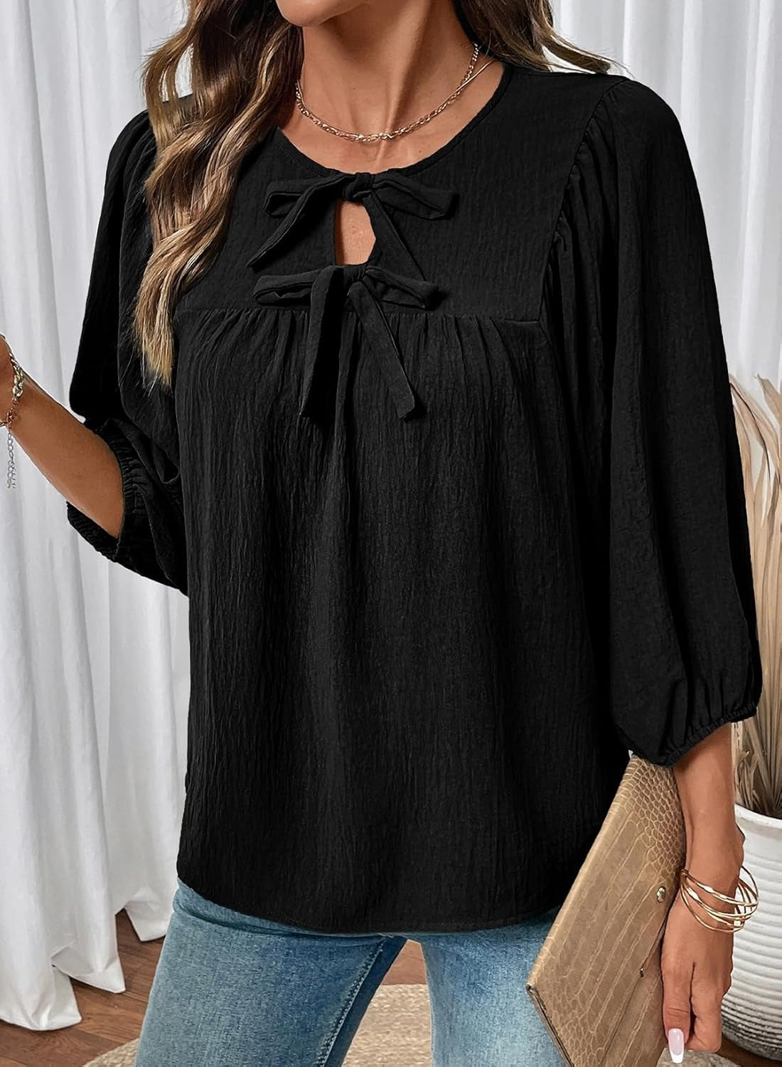 Womens 3/4 Sleeves Blouse Elegant Bow Tie Loose Shirts