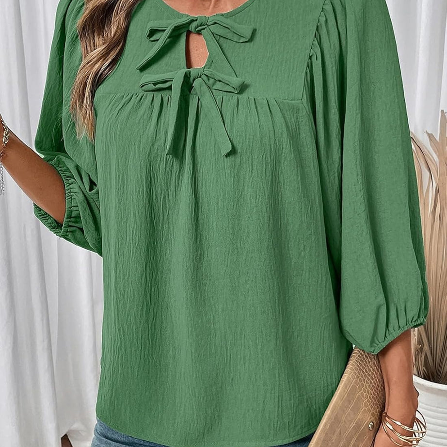 Womens 3/4 Sleeves Blouse Elegant Bow Tie Loose Shirts
