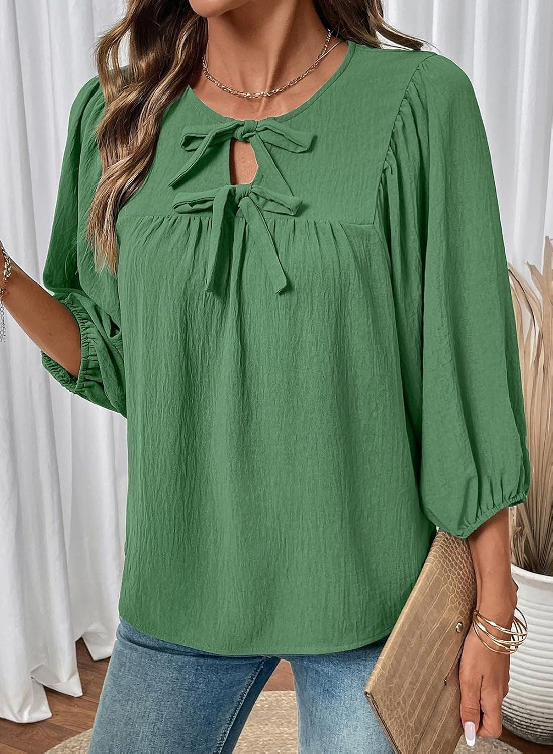 Womens 3/4 Sleeves Blouse Elegant Bow Tie Loose Shirts