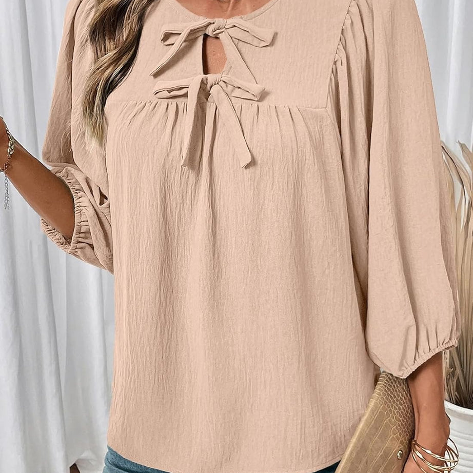 Womens 3/4 Sleeves Blouse Elegant Bow Tie Loose Shirts