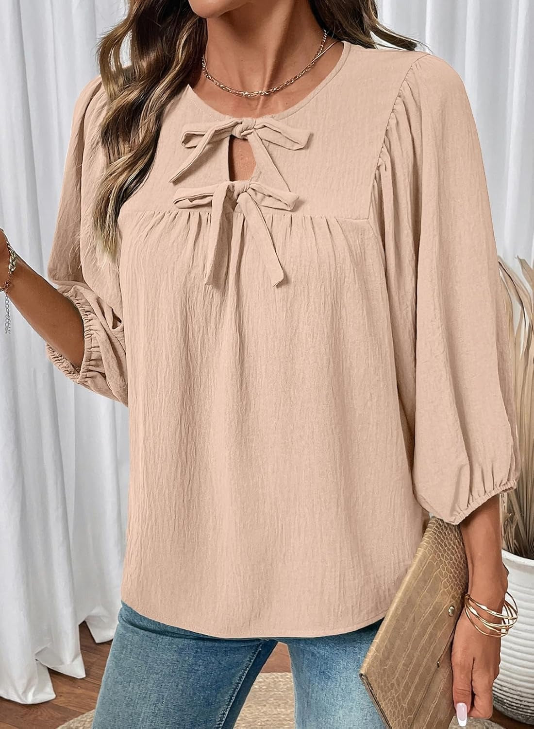 Womens 3/4 Sleeves Blouse Elegant Bow Tie Loose Shirts
