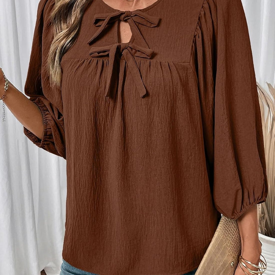Womens 3/4 Sleeves Blouse Elegant Bow Tie Loose Shirts