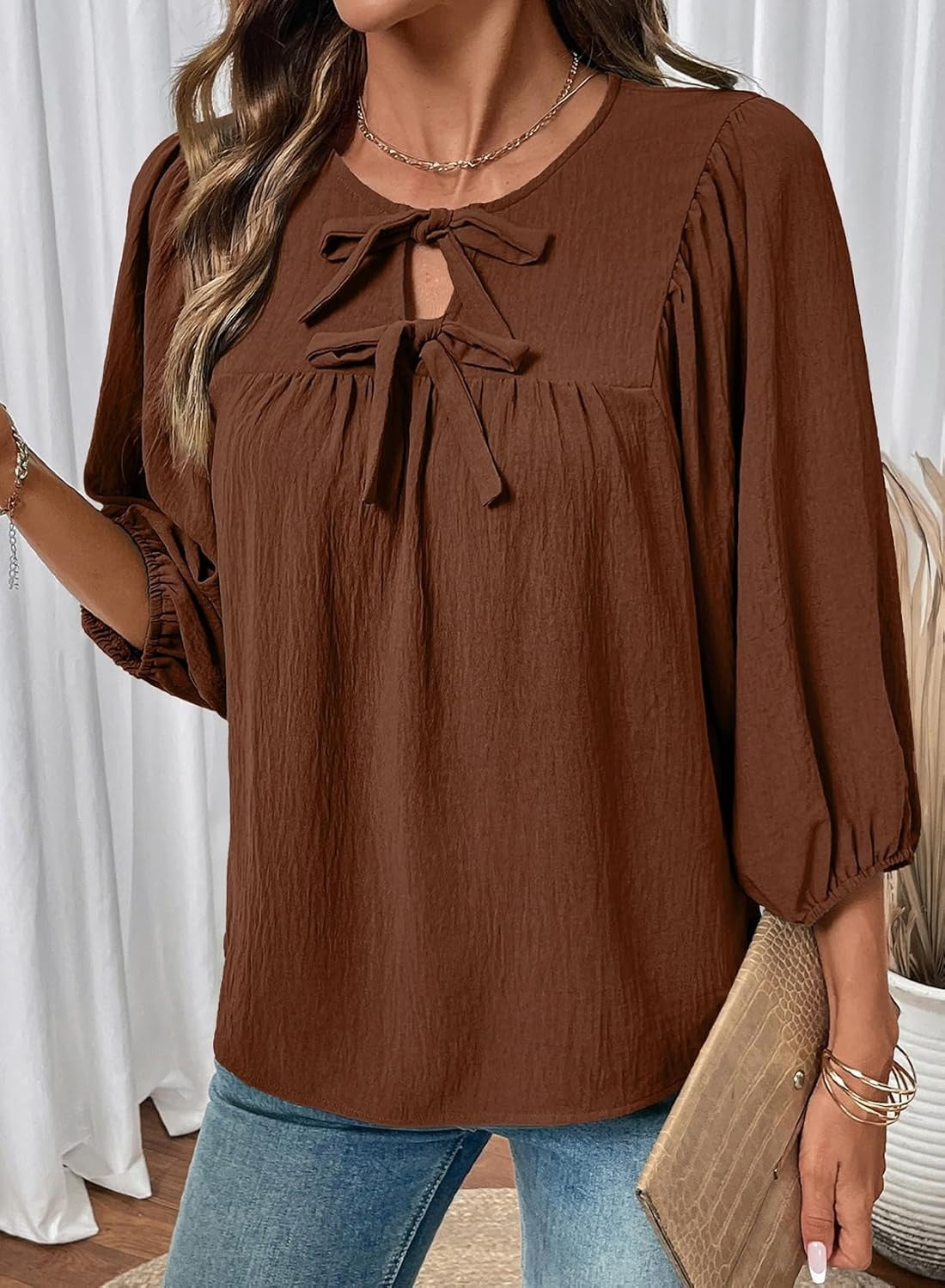 Womens 3/4 Sleeves Blouse Elegant Bow Tie Loose Shirts