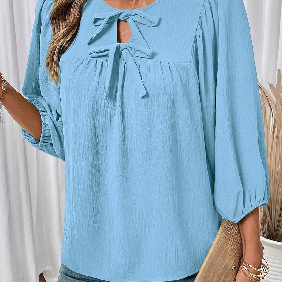 Womens 3/4 Sleeves Blouse Elegant Bow Tie Loose Shirts