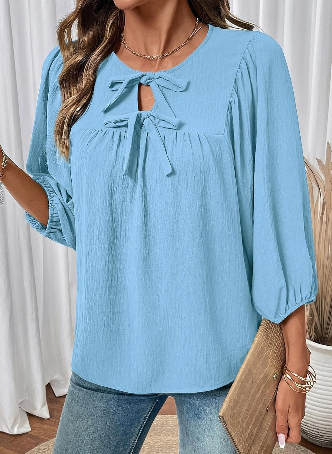Womens 3/4 Sleeves Blouse Elegant Bow Tie Loose Shirts
