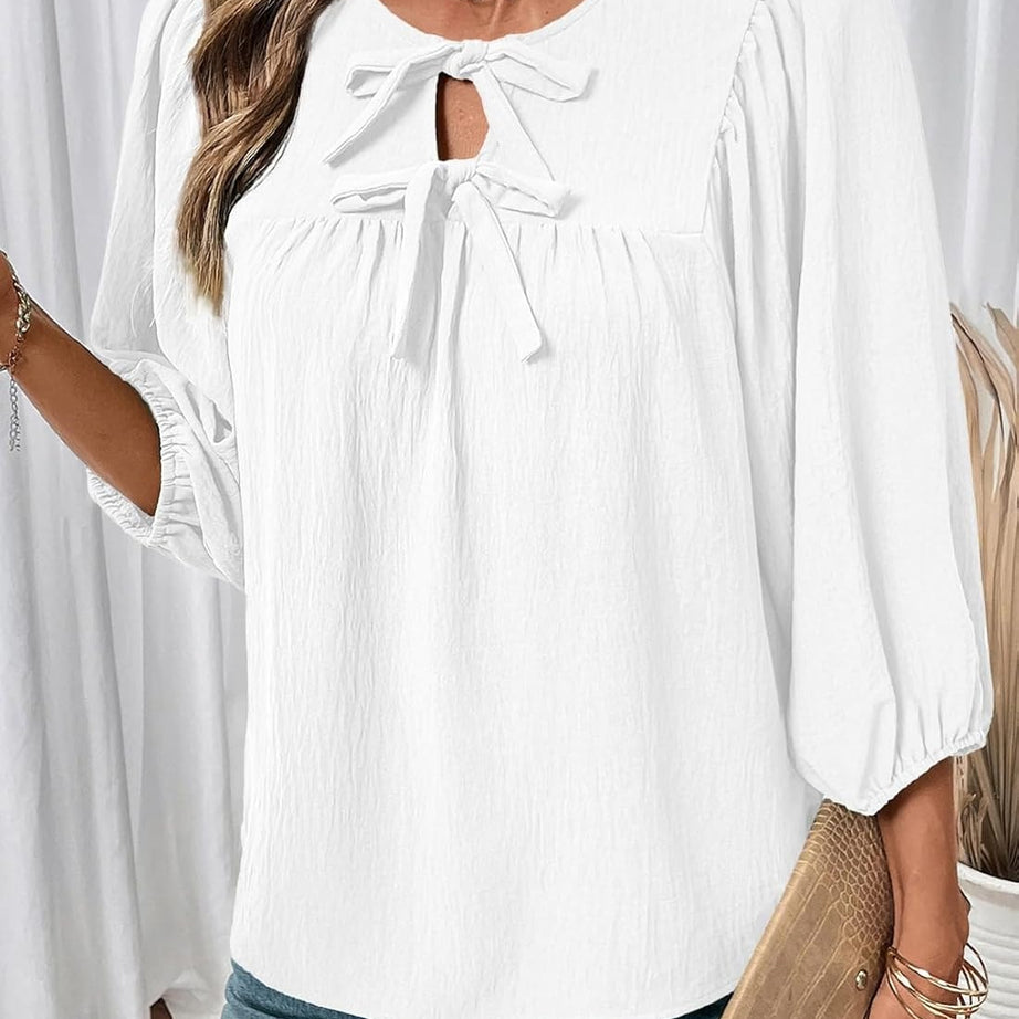 Womens 3/4 Sleeves Blouse Elegant Bow Tie Loose Shirts