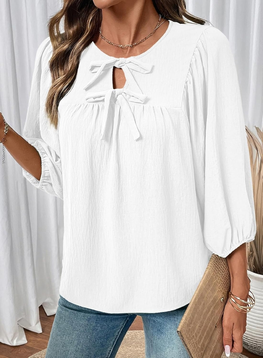 Womens 3/4 Sleeves Blouse Elegant Bow Tie Loose Shirts