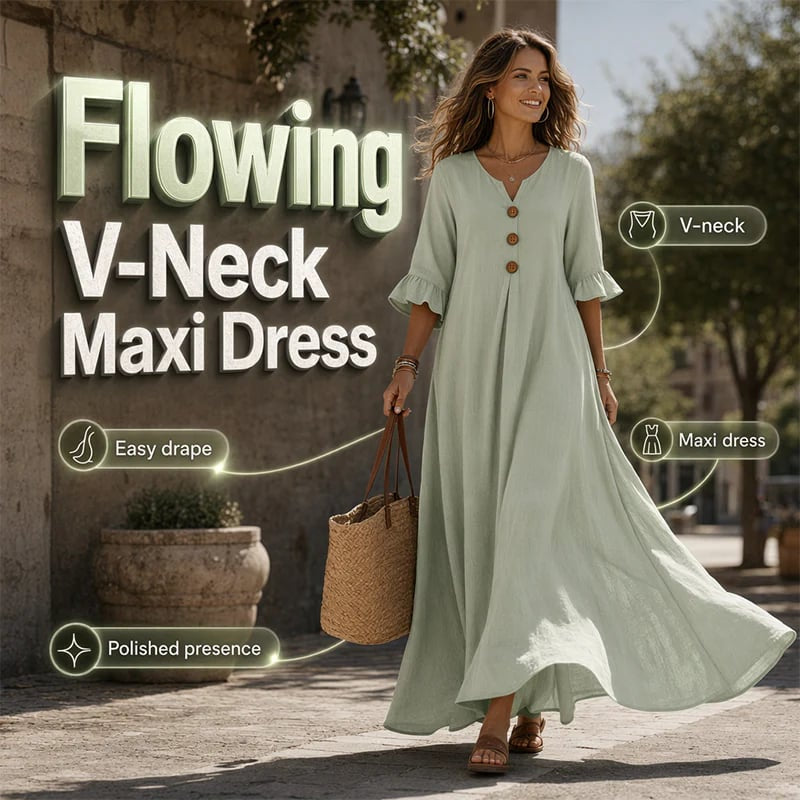 Women's V-Neck Loose Maxi Dress – Flowing Silhouette, Soft Drape, Day to Dinner
