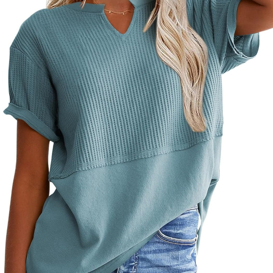 Womens Casual V Neck Waffle Sleeve T Shirts
