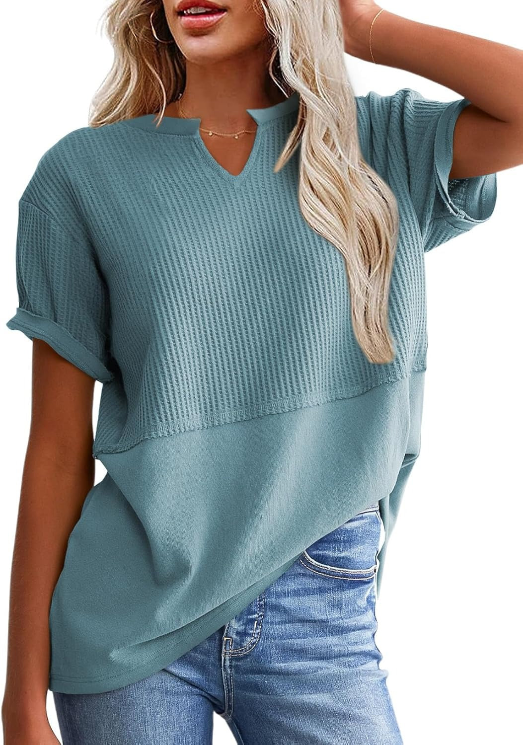 Womens Casual V Neck Waffle Sleeve T Shirts