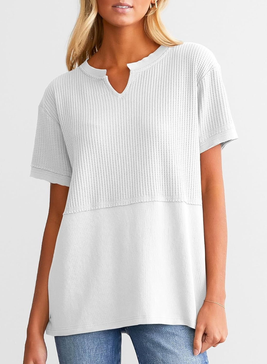 Womens Casual V Neck Waffle Sleeve T Shirts
