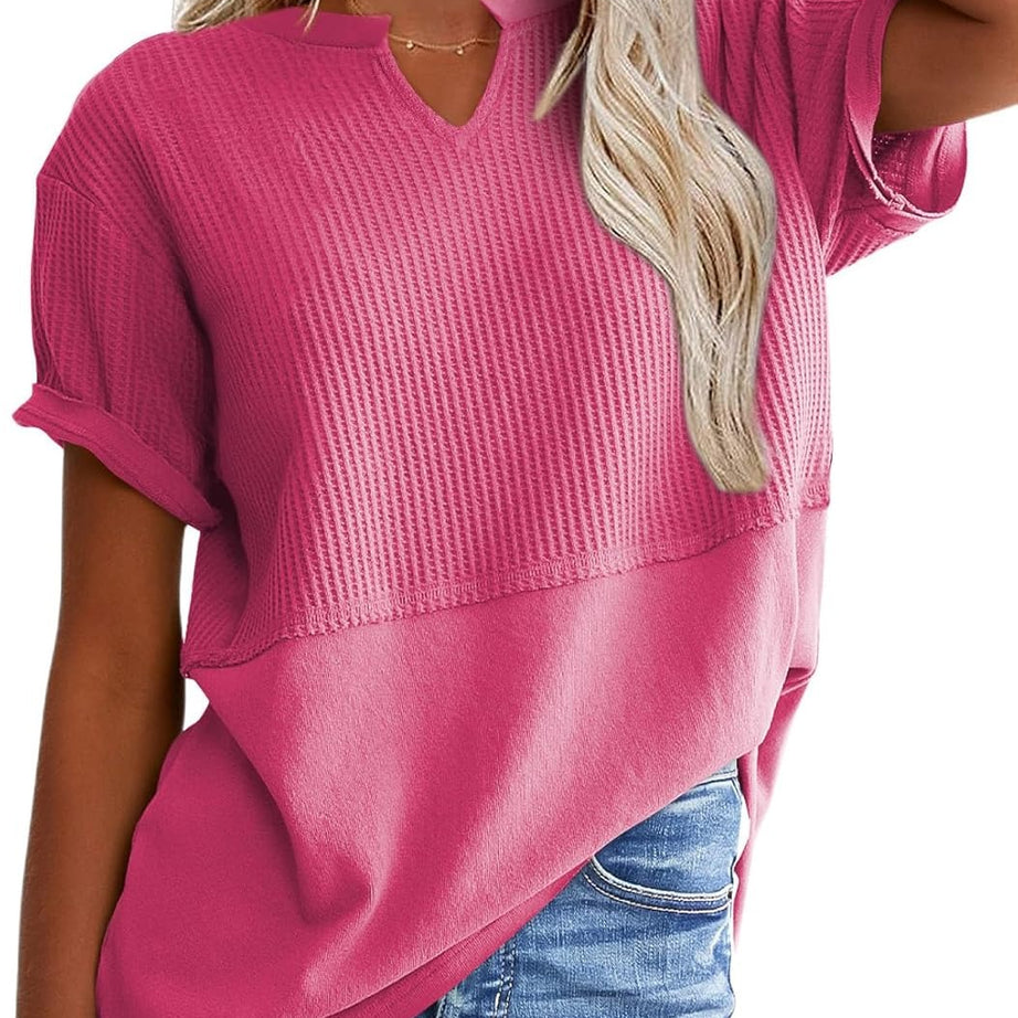Womens Casual V Neck Waffle Sleeve T Shirts
