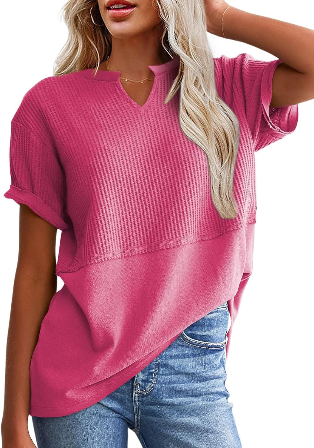 Womens Casual V Neck Waffle Sleeve T Shirts
